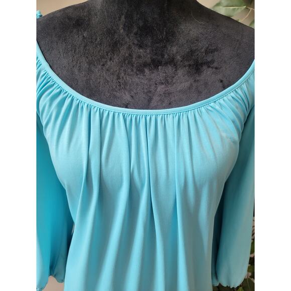 Cache Blouse Women's Size Large Blue Boat Neck Off-The-Shoulder Cold Shoulder - Picture 5 of 11
